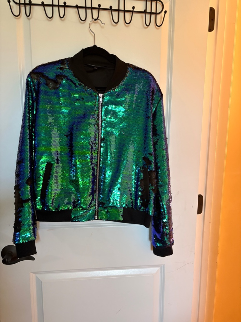 LuLaRoe Iridescent Green Blue Sequin Bomber Jacket